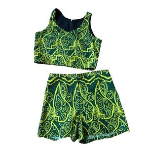 african wax print green yellow womens two piece short set handmade in africa med
